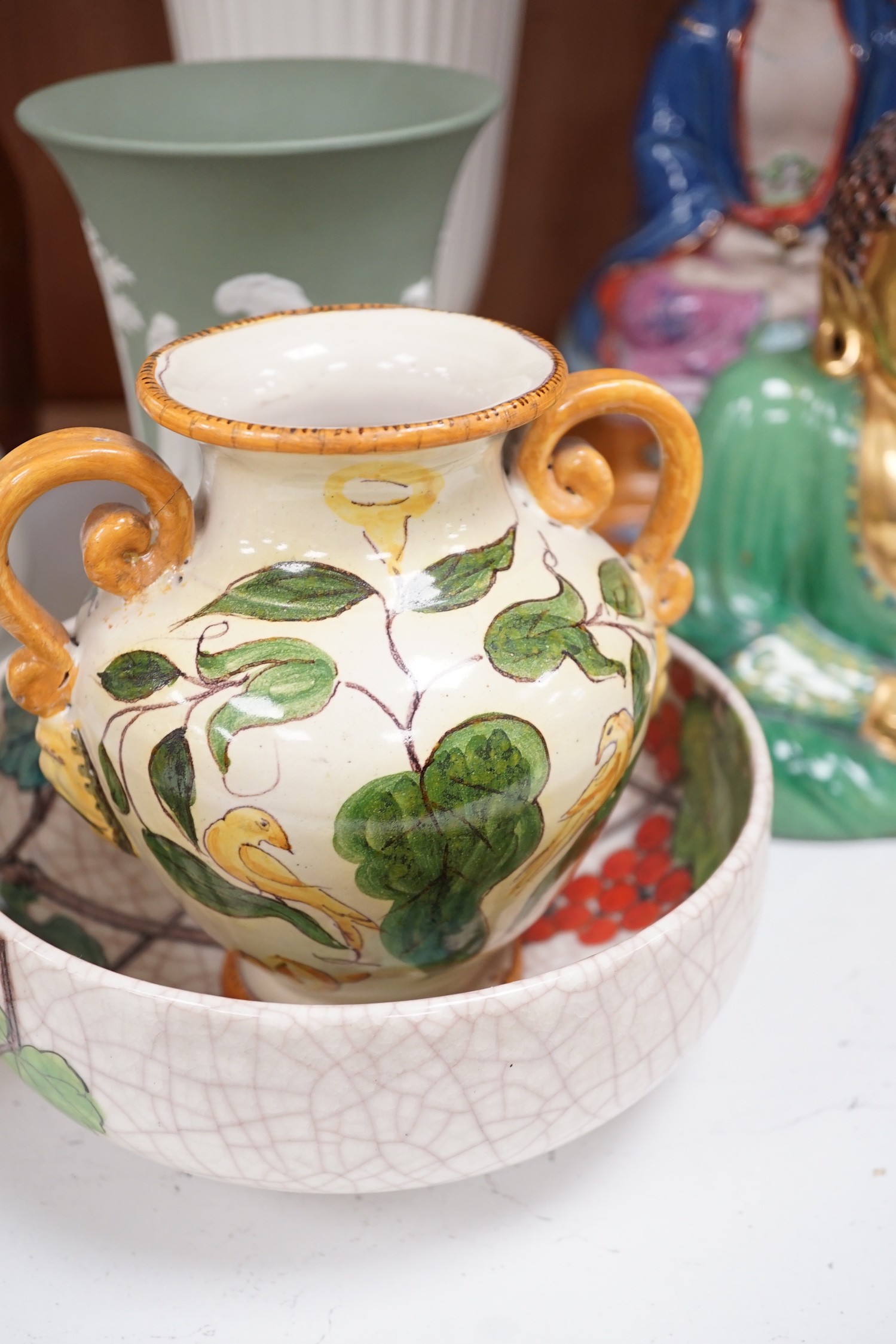 Three glass vases and an engraved bottle, two ceramic budai, Wedgwood Etruria vase, a jasper ware vase etc (10), Etruria vase 33cms high